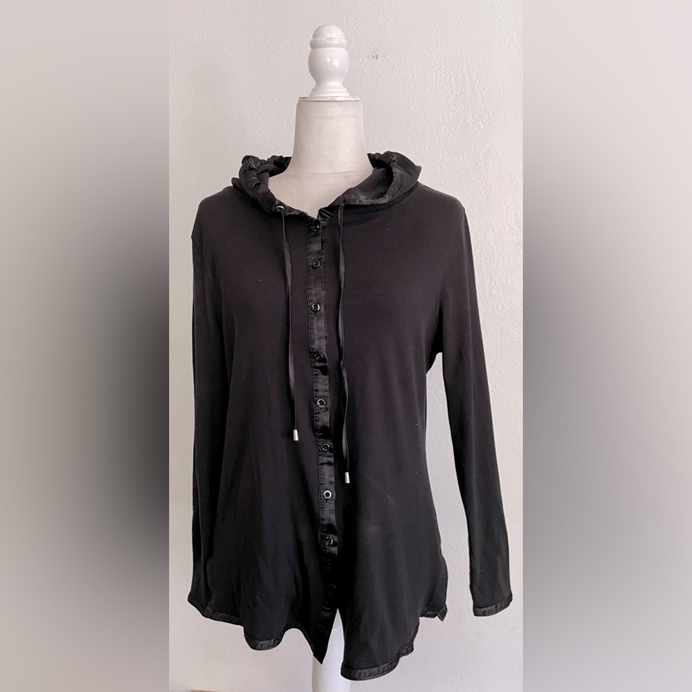 CHRISTINE ALEXANDER Cotton Modal Ribbon Lined Button Up Hoodie - Picture 1 of 6